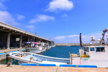 Coastal scenery of Cape Soya and Port Soya under the clear blue sky in June

