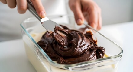 Hands spreading smooth chocolate ganache over creamy vanilla ice cream in a glass dish