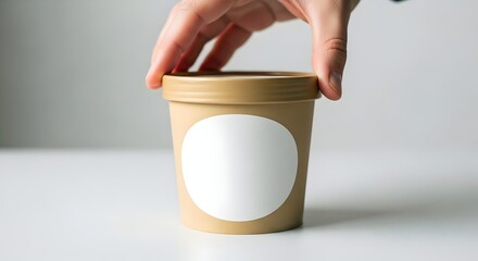 Hand placing blank white sticker on a tan paper ice cream tub for branding mockup