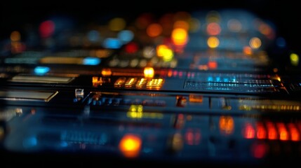 A close-up of glowing DJ equipment with vibrant lights in a dark, atmospheric club.
