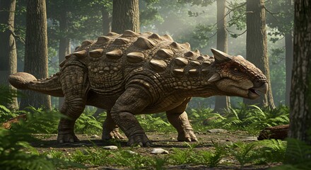 An ankylosaurus dinosaur walking through a dense green forest on a sunny day with tall trees around it