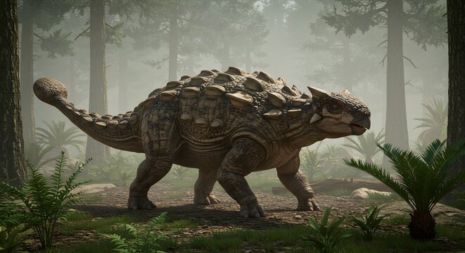 An ankylosaurus walking through a forest with ferns and trees in a misty prehistoric environment - Powered by Adobe