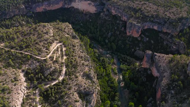 Aerial view of the granite mountains of the Hoces del Cabriel Nature Reserve in Valencia, Spain.