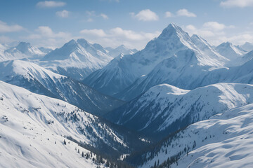 Naklejka premium Breathtaking Winter Skiing Adventure: Snow-Covered Peaks and Alpine Views in a Picturesque Mountain Range