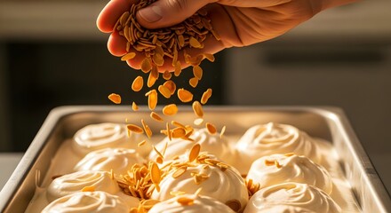 Hand sprinkling toasted almond flakes onto creamy vanilla ice cream in a metal tray