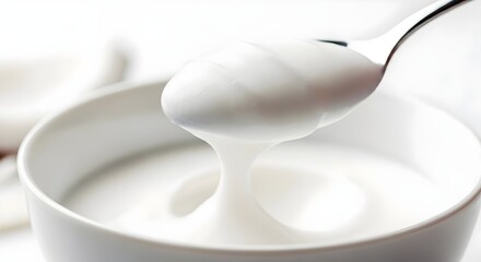 Creamy white yogurt or ice cream melting from a spoon into a bowl, close-up