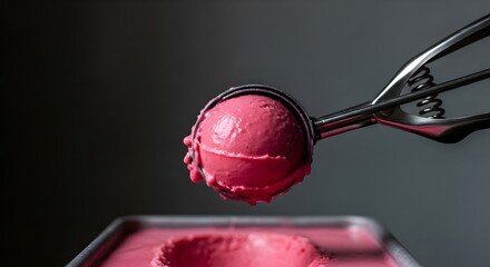Close-up of a perfect scoop of pink strawberry ice cream being served from a metal scoop