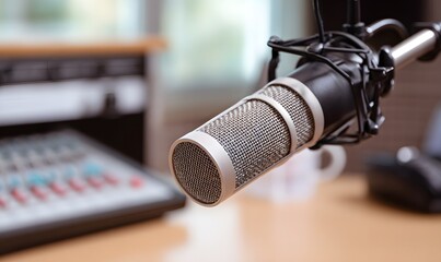 Obraz premium closeup of a microphone in a radio station