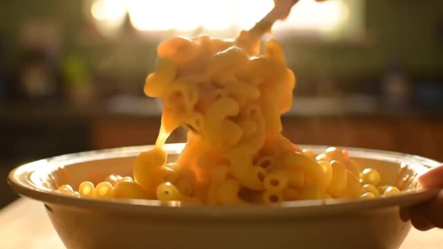 Close up shot of macaroni and cheese being served in a bowl