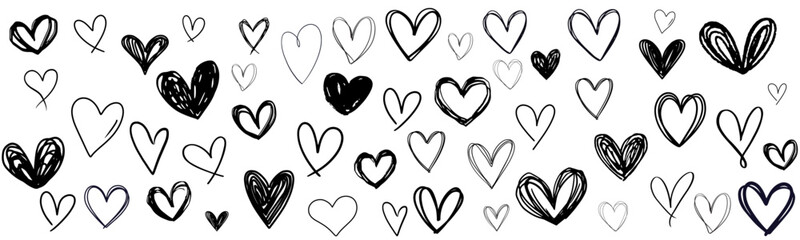 Doodle hearts drawn by hand. Grunge scrawls, chalk scribbles, rough brush strokes, underlines and circles