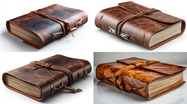 Four aged leather journals secured with wraps and metal closures shown against white