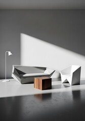Minimalist interior design featuring modern furniture with sharp lines and bright light