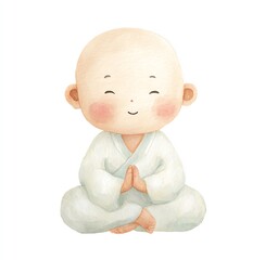 Fototapeta premium Adorable Watercolor Clipart A Peaceful Young Monk Meditating, Hands Clasped in Serenity, on a White Background.