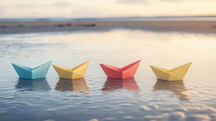 Four colorful paper boats floating on calm water at the beach during sunset, symbolizing childhood imagination, peaceful leisure, and creative outdoor summer activities
