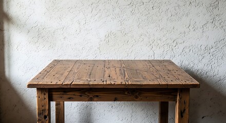 Rustic wooden table against a textured white wall offering a versatile backdrop