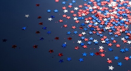 Patriotic Star Confetti: Red, White, and Blue Celebration on Dark Blue Background