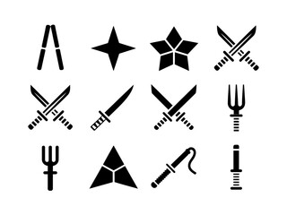 Obraz premium Collection of black ninja weapon silhouettes isolated on white background
