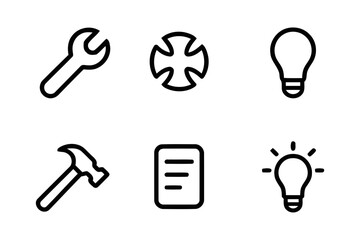 Collection of six tool and idea icons in silhouette isolated on white background