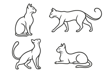 Four elegant cat silhouettes in various poses isolated on white background silhouette