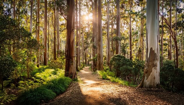 sunlit trail through eucalyptus forest tall trees and green undergrowth bathed in warm light creating serene natural scene - Powered by Adobe