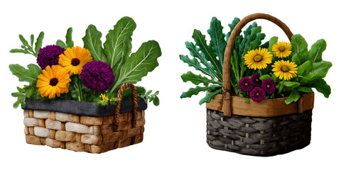 Fototapeta premium Woven basket with fresh green leaves and vibrant yellow and purple flowers creating lively natural arrangement