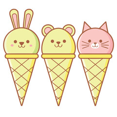 Cute Animal-Themed Ice Cream Scoops Vector in Green, Lemon, and Pink – Playful Style