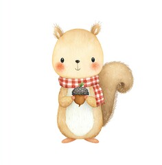 Cute Squirrel Holding Acorn in Watercolor Style