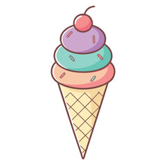 Three-Tiered Rainbow Ice Cream Vector with Cherry, Candy, and Jelly Toppings &ndash; Flat Style