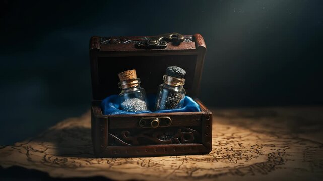 Mystical Artifacts: The wooden chest reveals ancient potions and mysteries on an antique map in a moody setting