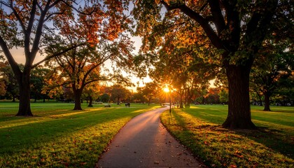 Autumn park pathway at sunset