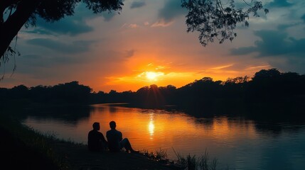 A peaceful moment capturing the silhouette of a couple enjoying the sunset by the river during festive season
