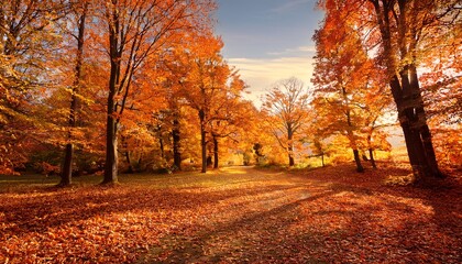 serene autumn scene with vibrant orange trees and falling leaves