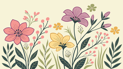Vibrant Flower Landscape Pattern for Fabric Design in Seamless Vector Illustration