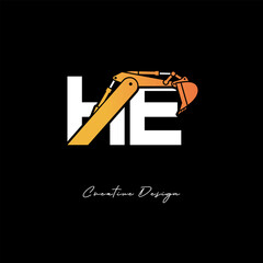 HE Excavator Arm Construction Logo - Bold Industrial Letter mark Design for Heavy Equipment, Contractor Branding & Modern Engineering Identity
