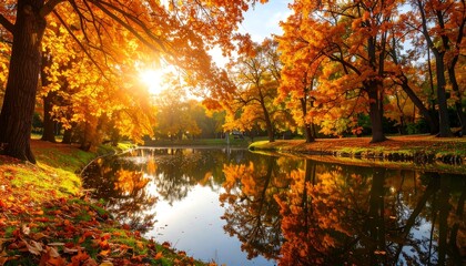 Autumn park scene with a calm reflecting pond
