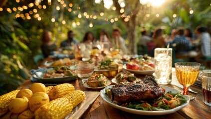 A beautifully arranged outdoor feast awaits, featuring grilled meats, fresh vegetables, and refreshing drinks under the warm glow of string lights.