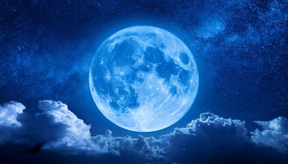 Fototapeta premium radiant full blue moon illuminating a starry night sky with fluffy clouds and tranquil atmosphere