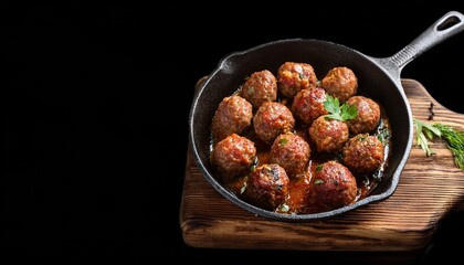 juicy homemade meatballs sizzling in a pan rustic wooden board