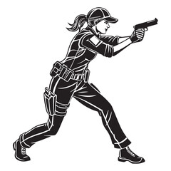 Fototapeta premium Female police officer aiming a gun, representing law enforcement, security, and protection, with a determined stance and professional uniform, isolated on white background