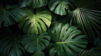 Dense Lush Tropical Foliage with Monstera and Palm Leaves Creating a Vibrant Green Natural Background, perfect for Exotic Themes