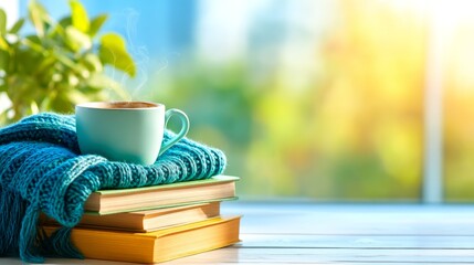 national book lovers day, Celebrating National Book Lovers Day in a Cozy Reading Corner with Books and Coffee, Space for Text
