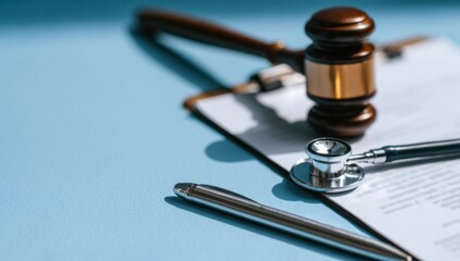 A gavel, stethoscope, and pen rest on a legal document, symbolizing healthcare law, medical malpractice, or ethical considerations in medicine.
