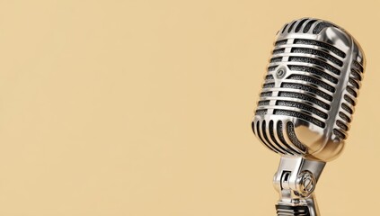 Fototapeta premium A gleaming vintage microphone stands ready for a performance, evoking a sense of classic entertainment and timeless vocal artistry.