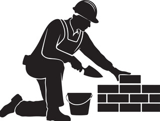 Construction worker building brick wall with trowel and bucket vector