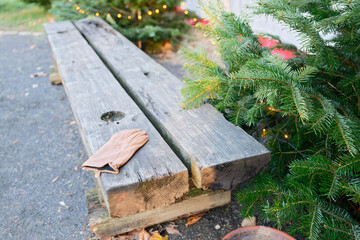 Beige glove on wooden beams near decorated Christmas trees