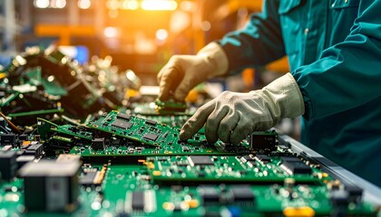 Skilled workers assemble or recycle electronic components, focusing on the details of a green circuit board. Showing the manufacturing, assembly, or recycling process in the technology indu,