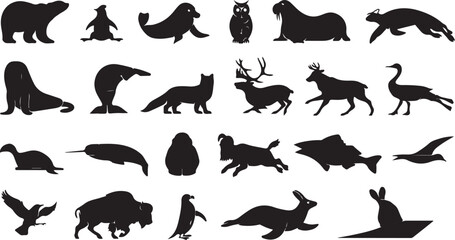 Diverse animal silhouettes polar bear penguin seal owl walrus fox deer goose narwhal fish eagle bison rabbit