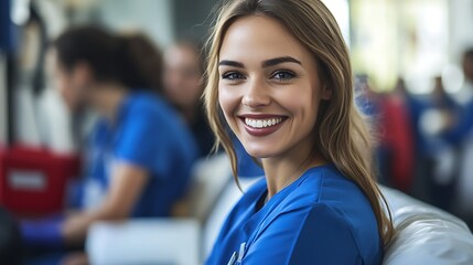 Smiling nurse in blue scrubs sitting in clinic. Positive healthcare worker representing compassion and hope. Celebrating Organ Donor Day and medical heroes who save lives