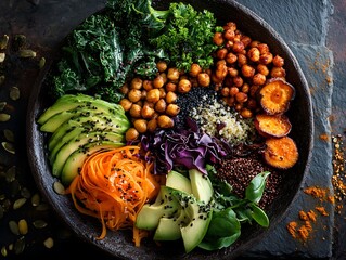 Vibrant healthy buddha bowl bursting with colorful fresh vegetables, avocado, kale, chickpeas, and quinoa for a delicious nourishing meal.