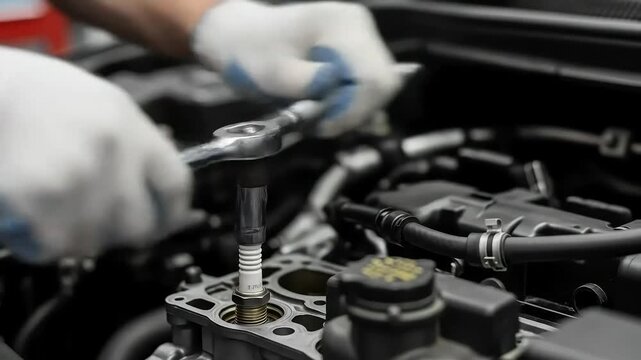 Mechanic's hands in gloves using a socket wrench to install a spark plug in a car engine.